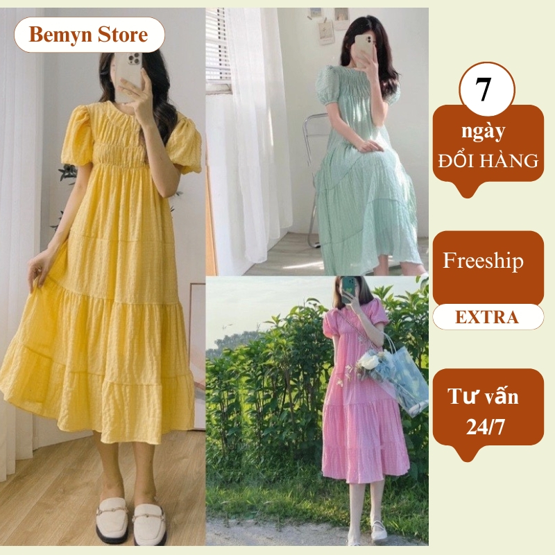 Váy babydoll dáng dài đầm maxi tay phồng vải xốp tiểu thư dễ thương BEMYN STORE