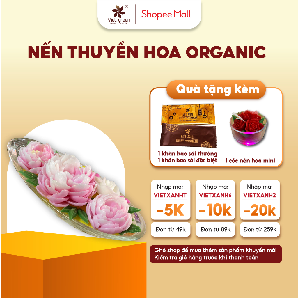 Nến Bơ Thuyền Hoa VIỆT XANH Nến Hữu Cơ Không Khói Đen, Không Muội, An Toàn Sức Khoẻ Dùng Trang Trí Thờ Cúng, Dâng Lễ C10