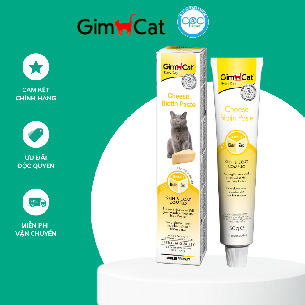 Gel Dinh Dưỡng cho mèo Bóng Mượt Lông Vị Phô Mai GimCat Cheese Biotin Paste 50g