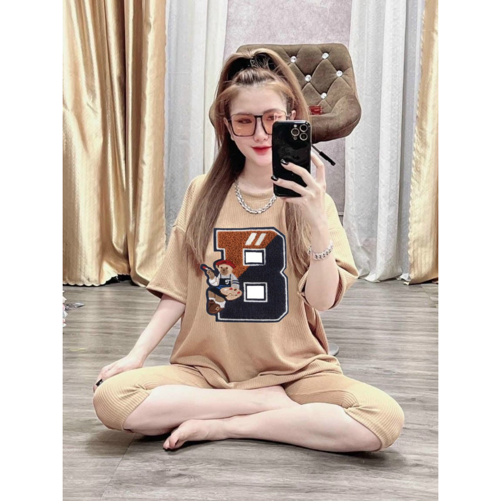 Bộ đồ thun nữ quần ngố 9 tấc mặc nhà, set thun from rộng tay ngắn in chữ B thêu lông hở lưng quần lửng cá tính mtb