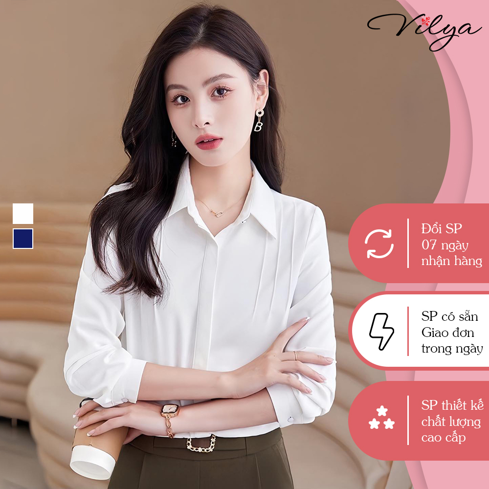 Áo sơ mi trắng nữ kiểu Hàn Quốc VILYA công sở cổ đức tay lỡ ly vai vải chéo hàn trẻ trung sang chảnh SM23-002