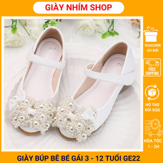 Giày búp bê trắng cho bé gái 3 - 12 tuổi gắn nơ công chúa sang chảnh GE22