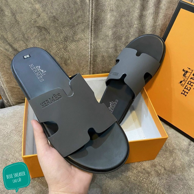 Dép HM nam quai da bò tấm nguyên miếng, đế phip gỗ