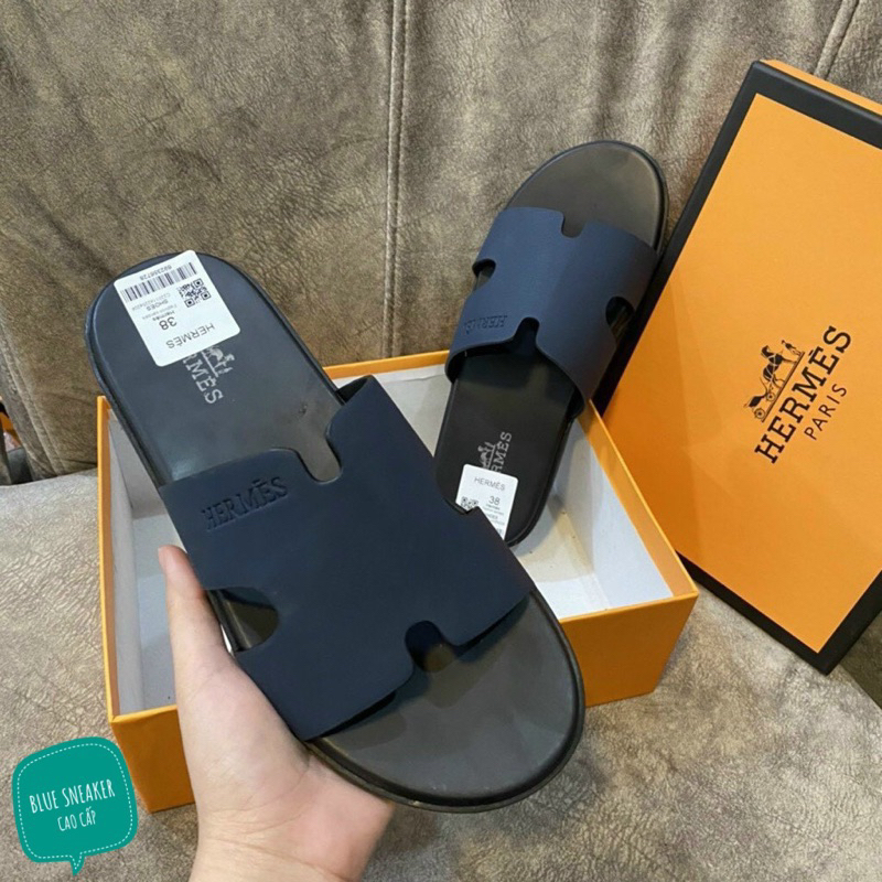 Dép HM nam quai da bò tấm nguyên miếng, đế phip gỗ