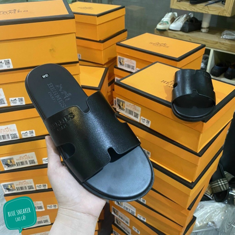 Dép HM nam quai da bò tấm nguyên miếng, đế phip gỗ