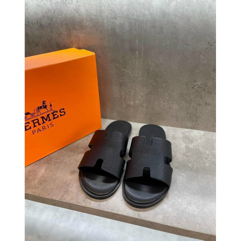 Dép HM nam quai da bò tấm nguyên miếng, đế phip gỗ