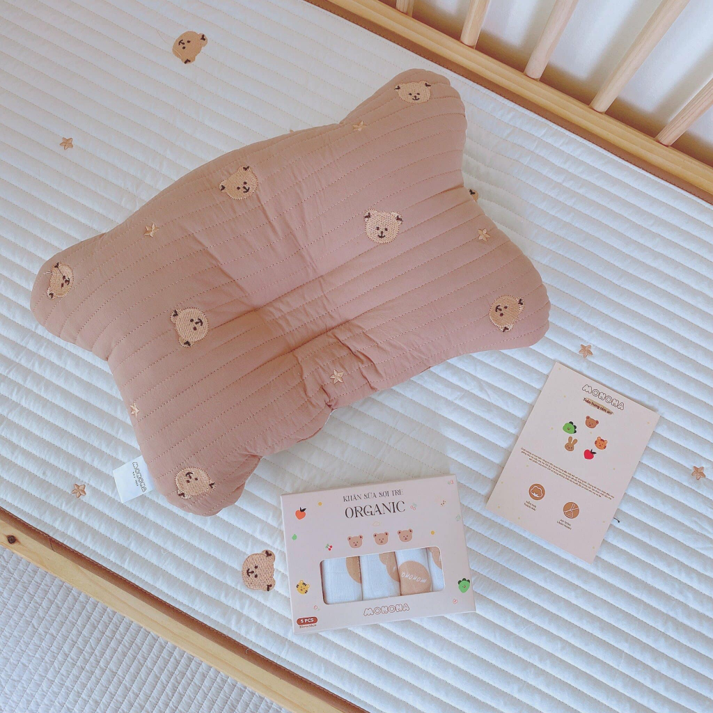 Gối lõm chống bẹp đầu tai gấu hình chữ nhật Monona vải cotton thấm hút thoáng khí cho bé