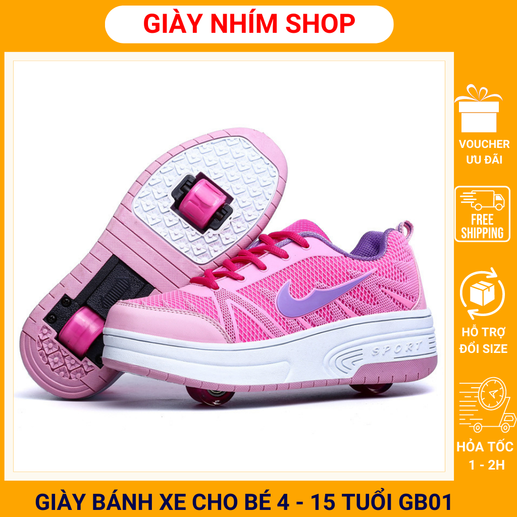 Giày có bánh xe cho bé gái vừa trượt vừa đi hồng 2 bánh trượt patin chạy bộ thể thao cá tính 4 - 12 tuổi NHÍM SHOP GB01
