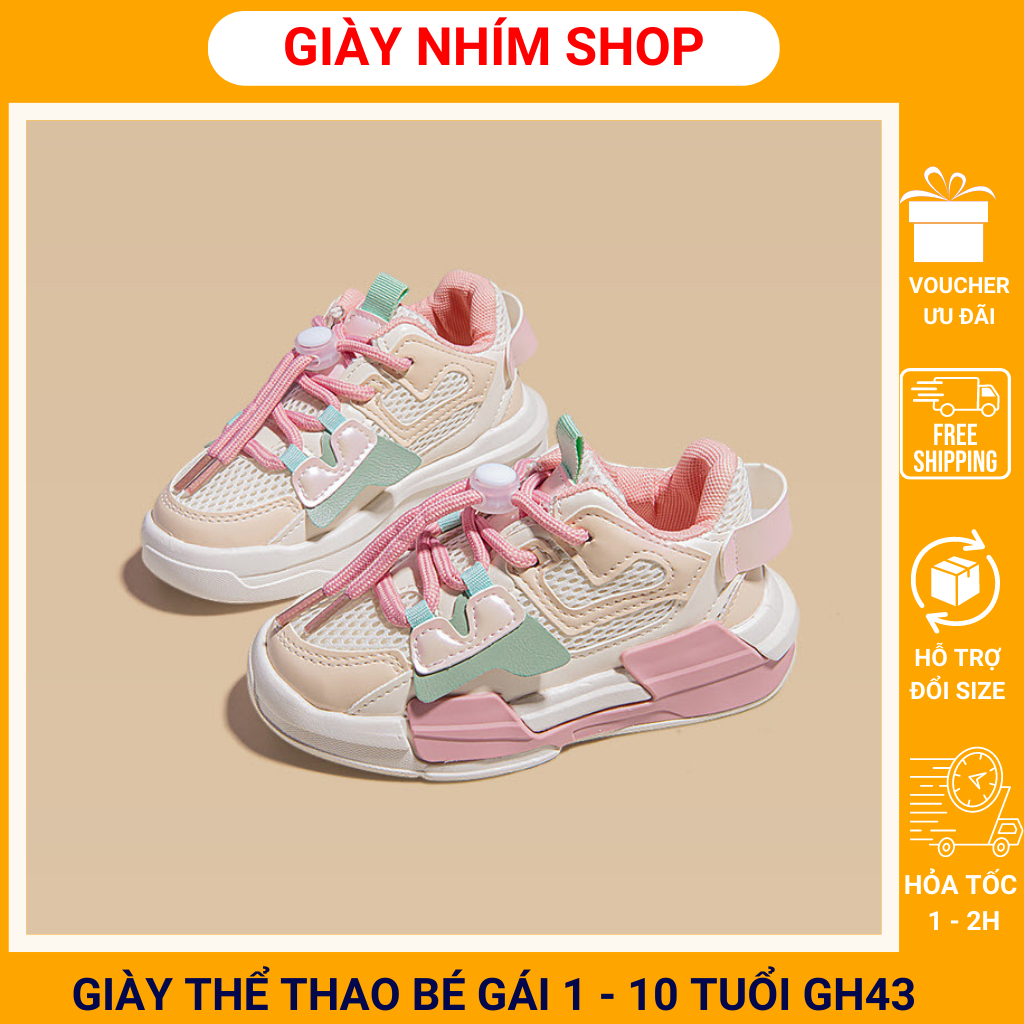 Giày thể thao cho bé gái NHÍM SHOP êm nhẹ đi học chạy bộ thể dục màu hồng dây rút sành điệu cá tính 1 - 10 tuổi GH43