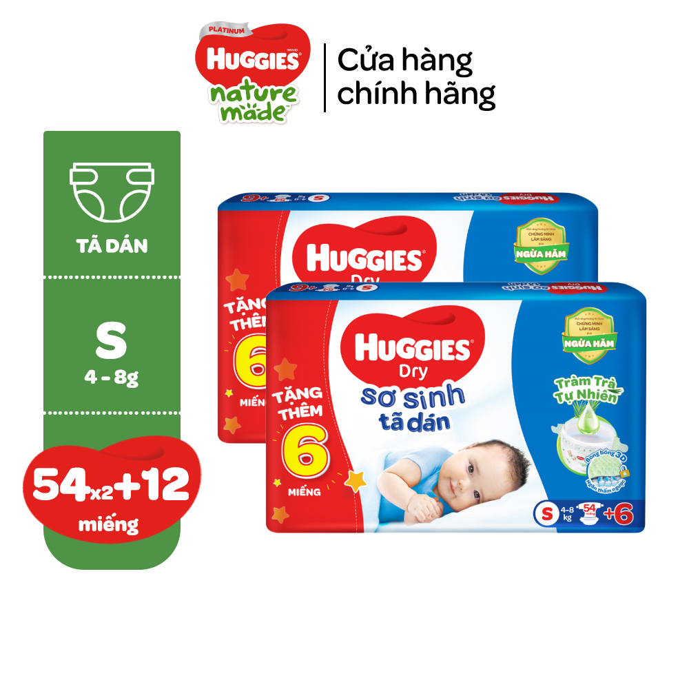 [Tặng 4 miếng cho size S80] Combo 2 Tã dán sơ sinh Tràm Trà Tự Nhiên Huggies NB40/NB70/S54/S80