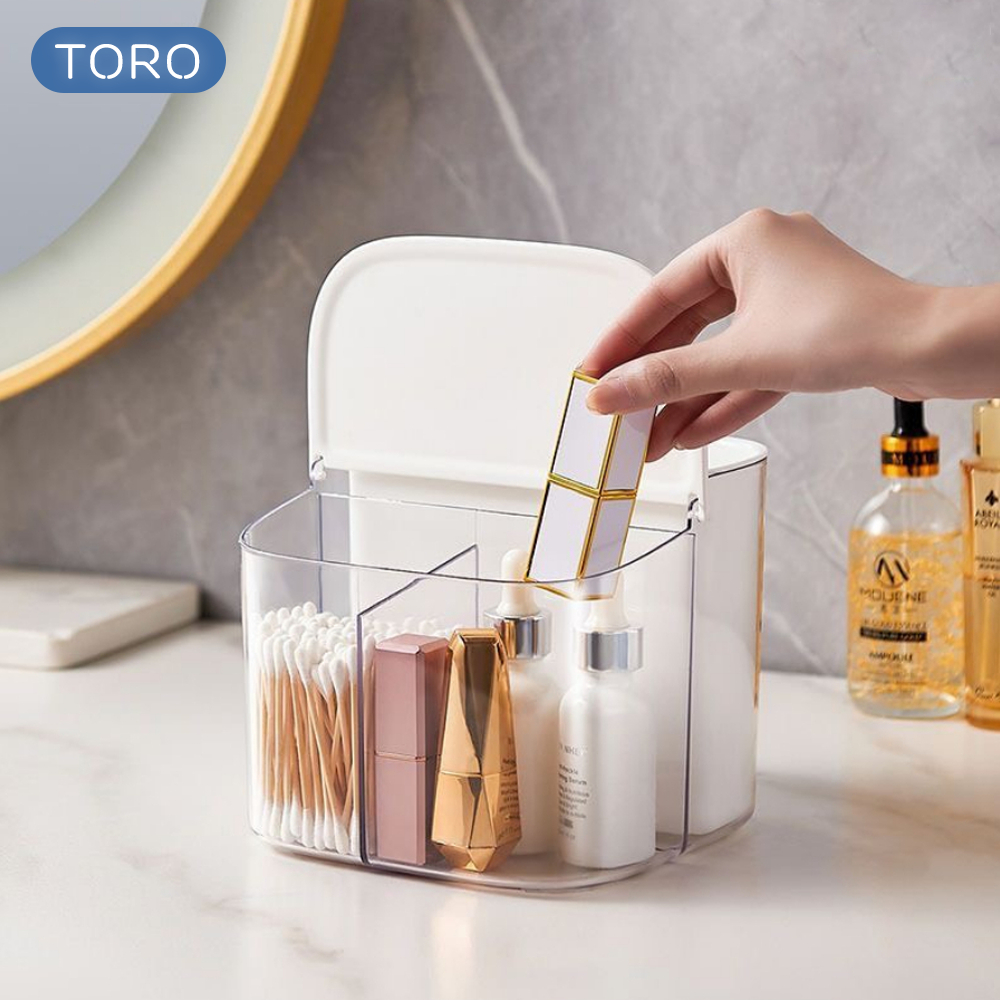 Hộp đựng bông tẩy trang treo tường TORO có nắp chất liệu PP+PET, Hộp đựng tăm bông, mỹ phẩm tích hợp ngăn chứa