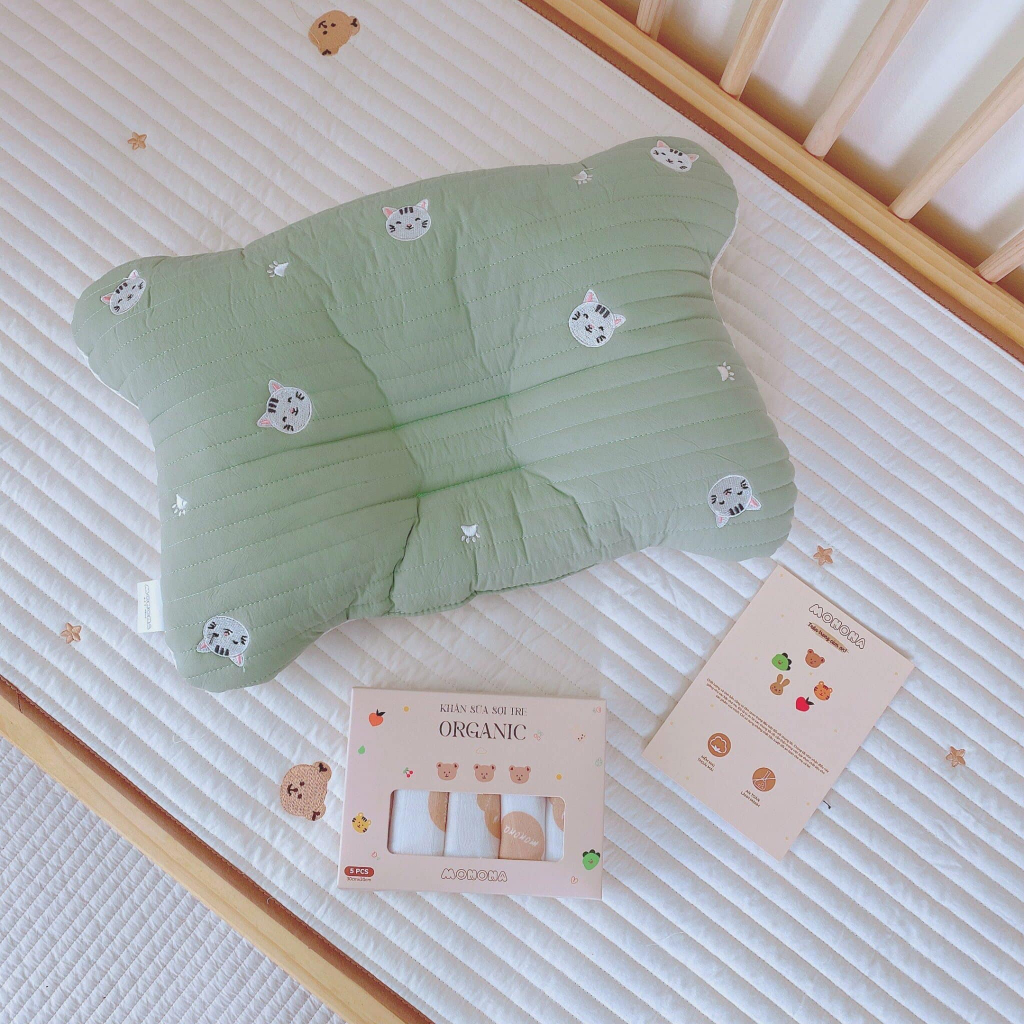 Gối lõm chống bẹp đầu tai gấu hình chữ nhật Monona vải cotton thấm hút thoáng khí cho bé