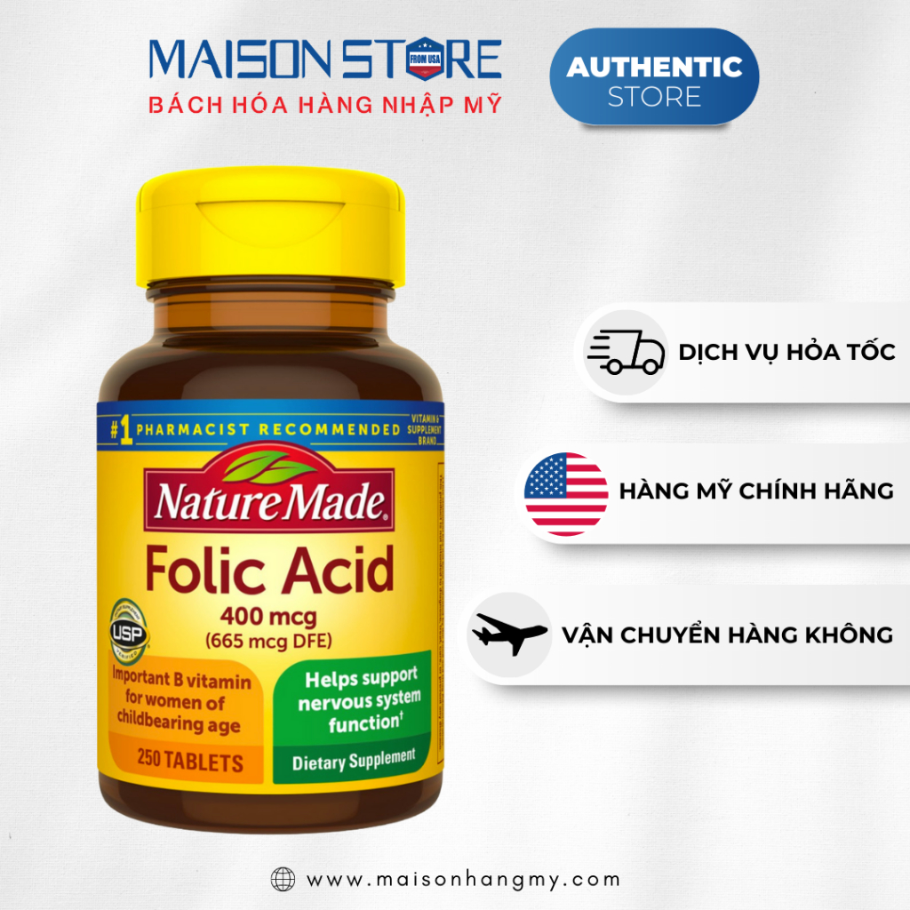 VITAMIN BỔ BÀ BẦU TRƯỚC VÀ SAU SINH NATURE MADE FOLIC ACID 400mg  - Hàng Nhập USA Chính Hãng