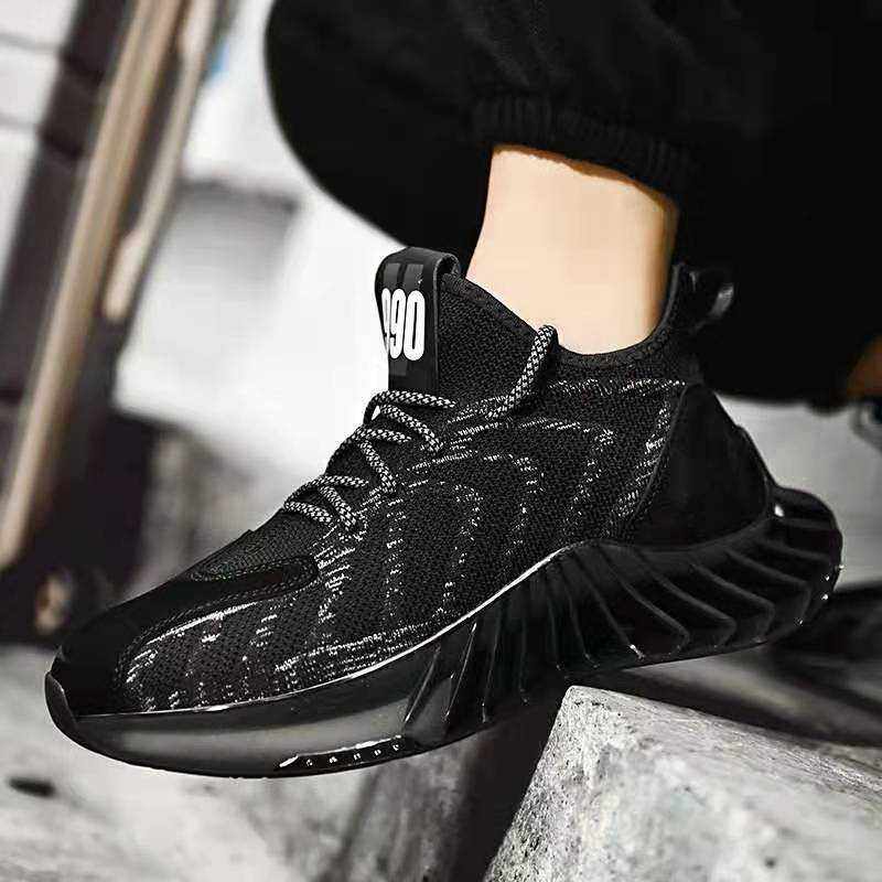 Giày Thể Thao Nam, Giày Sneaker, Giày Vải Đen Phối Xám Vải Sợi Dệt Thoáng Khí Đế Cao 4cm Mã 01