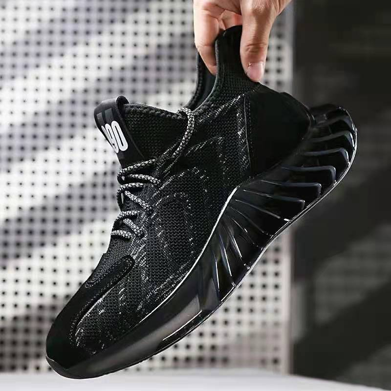 Giày Thể Thao Nam, Giày Sneaker, Giày Vải Đen Phối Xám Vải Sợi Dệt Thoáng Khí Đế Cao 4cm Mã 01