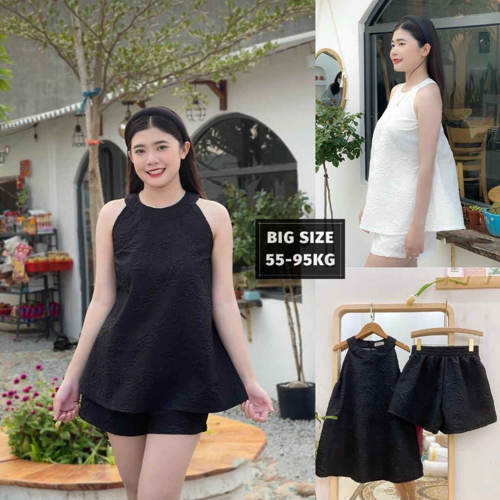 Đồ bộ bigsize nữ, áo cổ yếm kèm quần short bigsize vải gấm xốp phong cách mềm mại, nữ tính - Thảo Huyền Bigsize