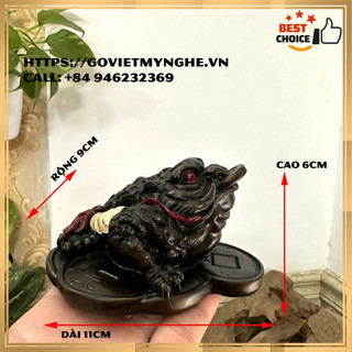Tượng đá cóc 3 chân thiềm thừ ngậm tiền vàng tài lộc phong thủy - Chiều Dài 11cm - Màu nâu đen