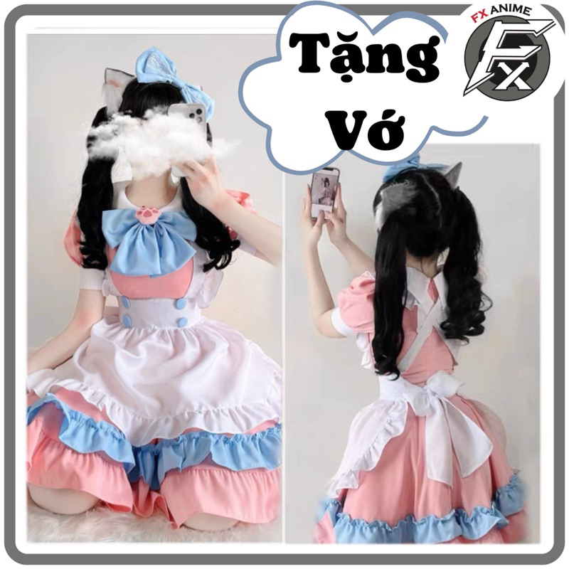 (TẶNG KÈM VỚ)Maid ngắn cosplay mèo hồng đáng yêu bộ 5 món - Váy Maid Hồng Loli Gắn Tay Mèo(Có Clip, Ảnh Thật) Fx Anime