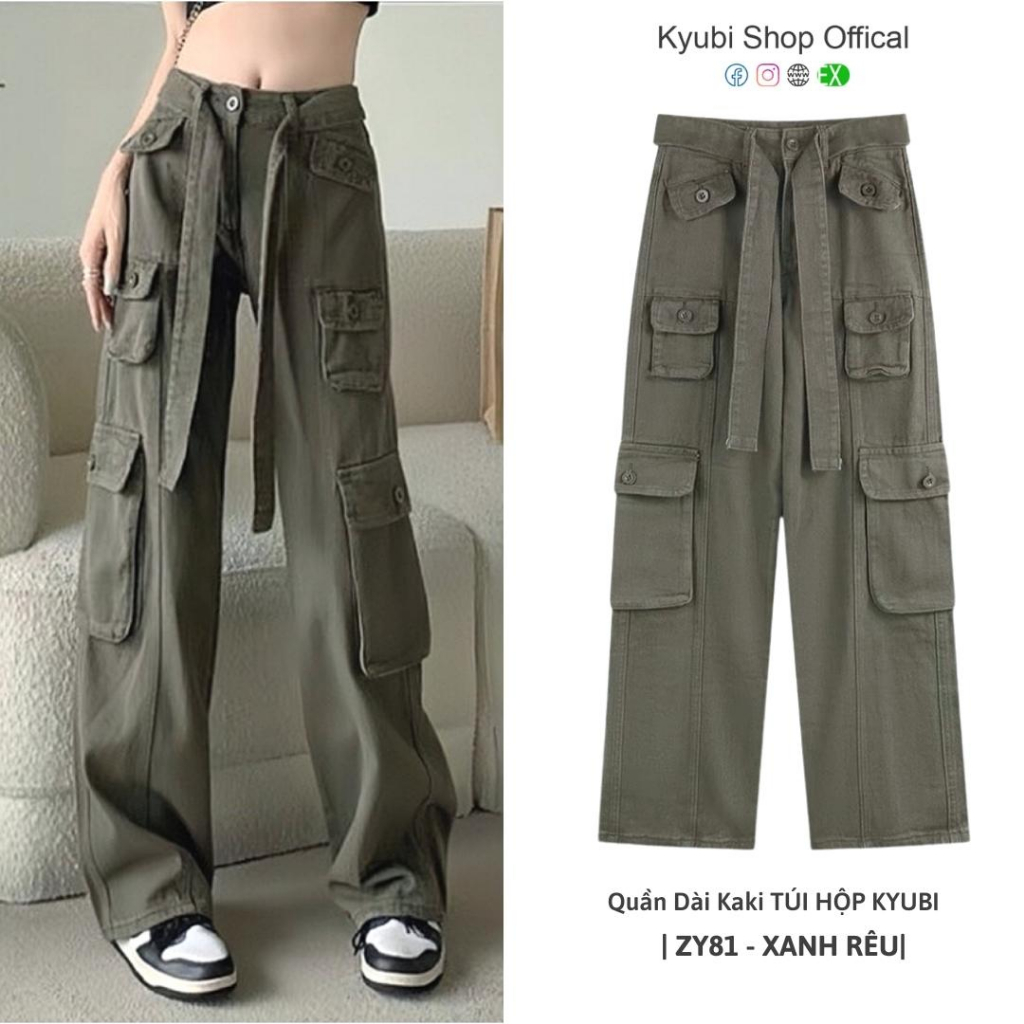 Quần Dài Kaki Cotton Ống Rộng Túi Hộp ZY81 Cạp Cao Nữ Unisex (Nhiều mẫu)- Quần cargo dây hiphop KYUBI