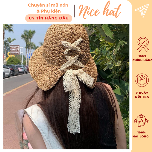 Mũ cói đi biển nữ móc tay thủ công nơ ren sau phong cách Hàn Quốc