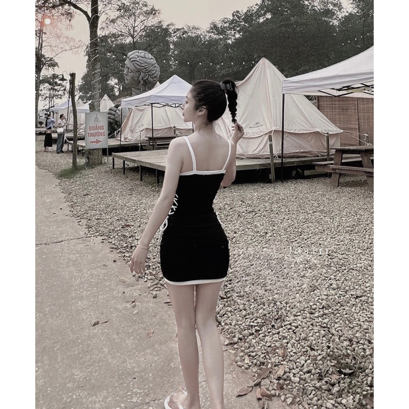 Đầm body gân 2 dây cột eo