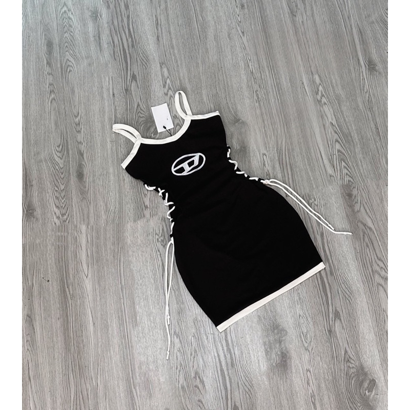 Đầm body gân 2 dây cột eo