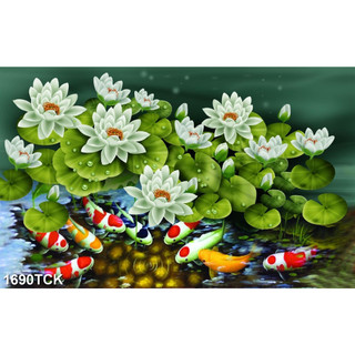 Tranh dán tường 3d cửu ngư quần hội hoa sen cá koi cá chép 1690tck