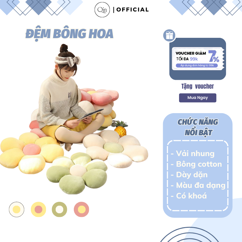 Đệm Ngồi Bệt Phòng Trà Qin Nệm Bông Hoa Xinh Sắn Chất Liệu Nhung Cao Cấp