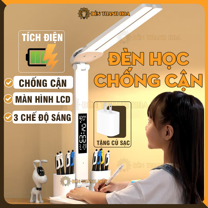 Đèn học để bàn cho học sinh tích điện có màn LCD, đèn led chống cận có màn hình LCD nhỏ gọn - Đèn Thanh Hoa
