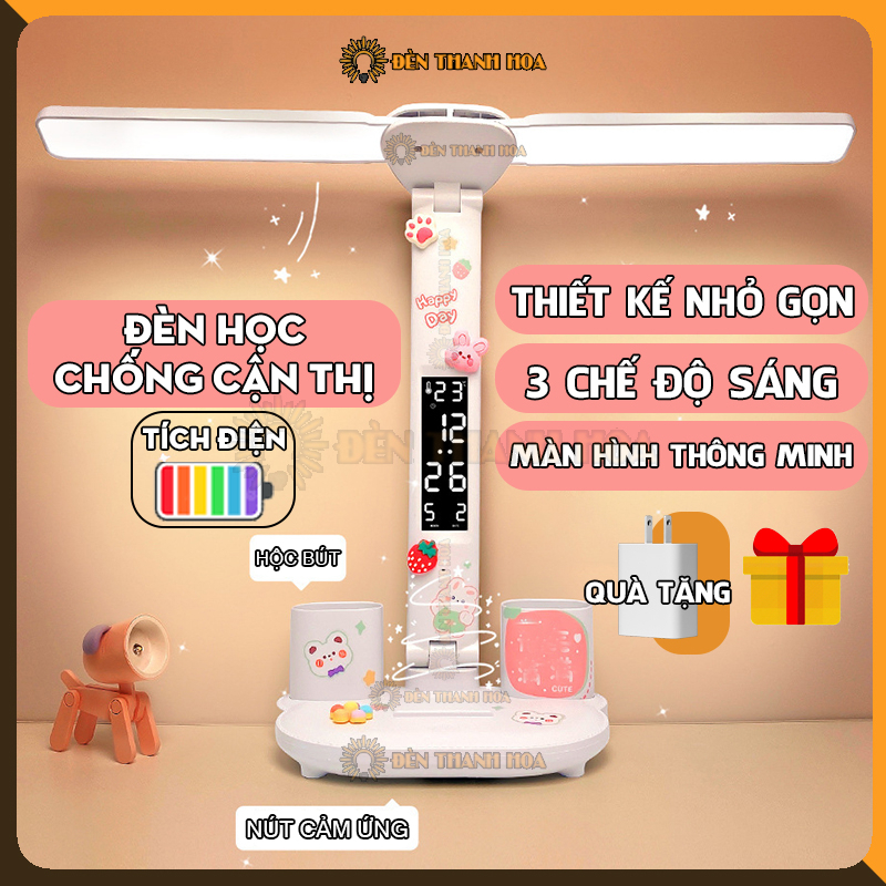 Đèn học để bàn cho học sinh tích điện, đèn led chống cận có màn hình LCD hiển thị nhiệt độ - Đèn Thanh Hoa