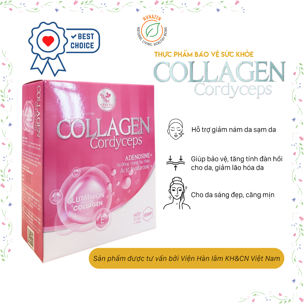 Collagen uống đông trùng hạ thảo, hỗ trợ giảm nám da sạm da, hộp 20 gói x 10ml - SP ứng dụng Viện Hàn lâm KH&CN VN