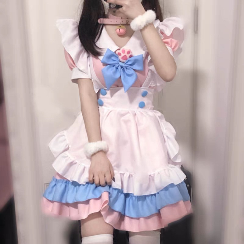 (TẶNG KÈM VỚ)Maid ngắn cosplay mèo hồng đáng yêu bộ 5 món - Váy Maid Hồng Loli Gắn Tay Mèo(Có Clip, Ảnh Thật) Fx Anime
