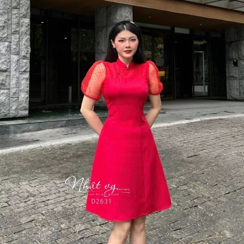 Đầm sườn xám Nhật Vy cổ tàu tay lưới phồng - D2631
