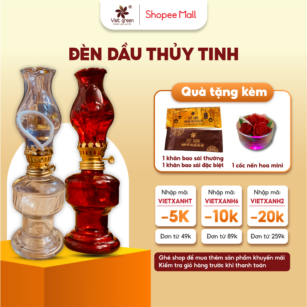 Đèn Dầu Thuỷ Tinh VIỆT XANH Đặt Ban Thần Tài, Gia Tiên