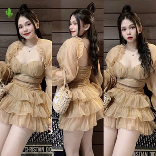 Set bộ nữ áo croptop ty dài nhún eo lưng viền bèo kèm chân váy nhiều tầng voan cùng tone màu ca