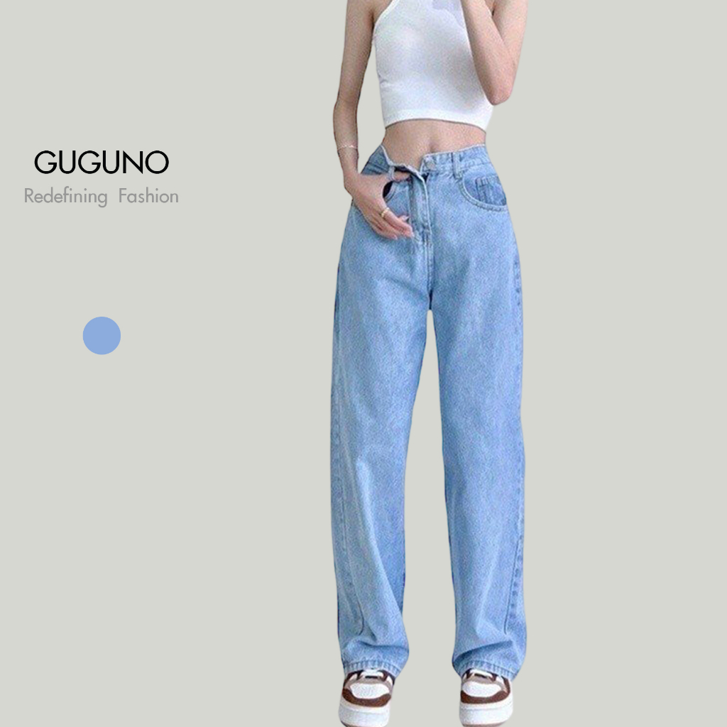 Quần jeans nữ ống rộng suông cạp cao GUGUNO