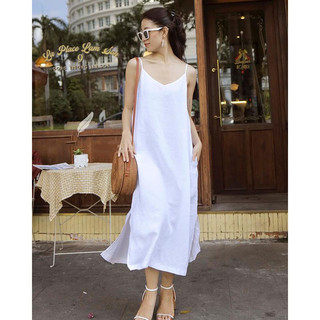 Váy suông 2 dây dáng dài xẻ 2 bên SLINEN, chất vải Linen bột Premium, from váy suông không kén dáng.
