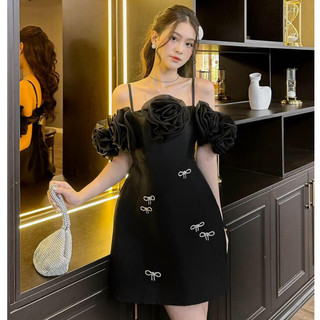 Váy tiểu thư trễ vai kết hoa kèm nơ đá - chất liệu Tafta