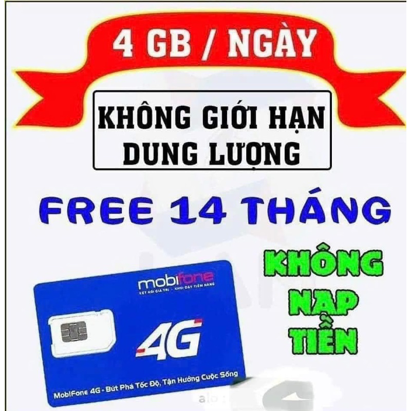 SIM MOBI 4G/NGÀY MIỄN PHÍ 14 THÁNG KHÔNG CẦN NẠP THÊM TIỀN