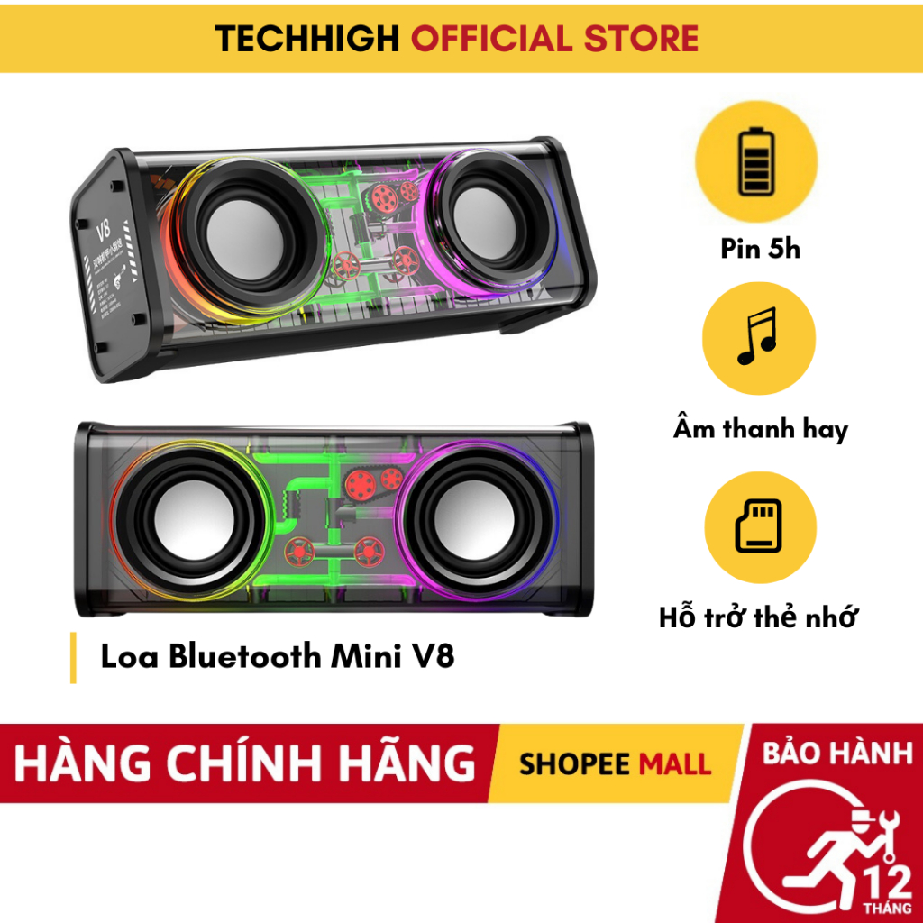 Loa bluetooth không dây V8 mini cầm tay công suất lớn, âm thanh hay, led nháy theo nhạc- TECHHIGH