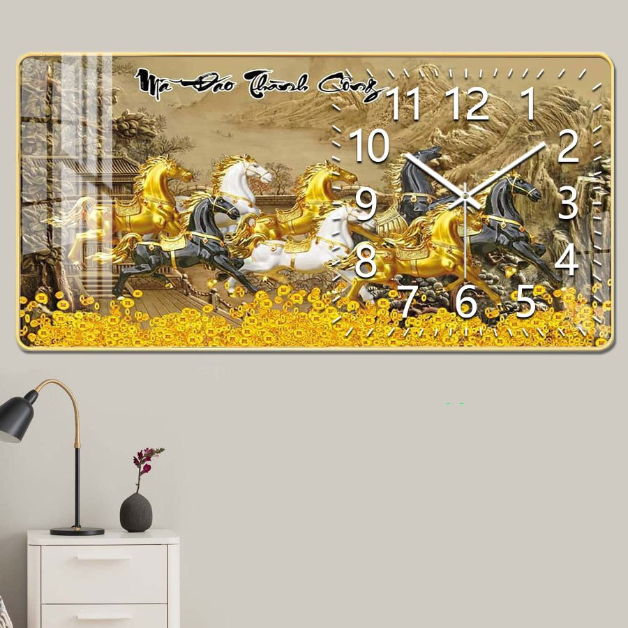 Tranh đồng hồ tráng gương treo tường mã đáo thành công tranh phong thủy trang trí phòng khách