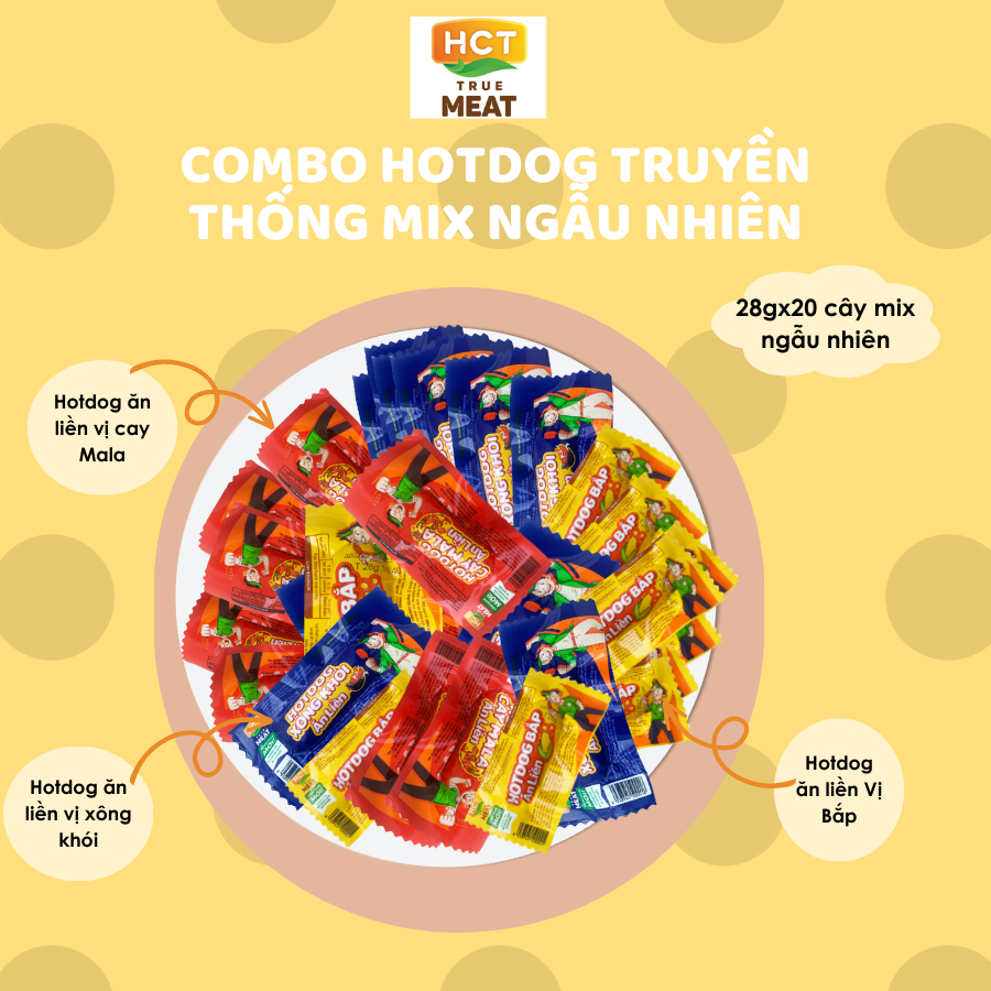 Combo truyền thống - Gồm 20 cây mix ngẫu nhiên: Hotdog ăn liền vị Bắp, vị Xông khói, Vị cay Mala HCT True Meat