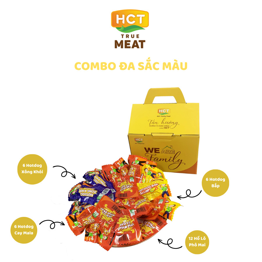 Combo Đa Sắc Màu - Xúc xích Hotdog ăn liền 6 cây vị bắp, 6 xông khói, 6 Cay Mala, 10 Hồ lô Phô mai HCT True Meat