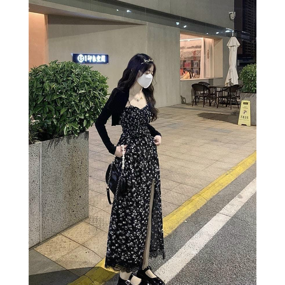 Đầm hai đây hoa nhí dáng maxi sẻ tà mix áo khoác dài tay cá tính sexy phù hợp đi chơi, đi biển, dự tiệc