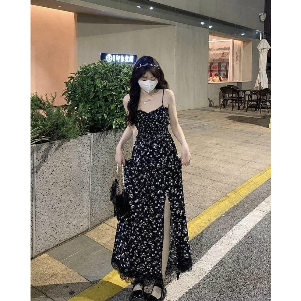 Đầm hai đây hoa nhí dáng maxi sẻ tà mix áo khoác dài tay cá tính sexy phù hợp đi chơi, đi biển, dự tiệc