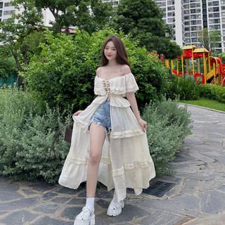 Đầm xẻ tà dáng maxi trễ vai {Hoả Tốc} , dây thắt ở giữa áo , eo bo chun co giản tốt