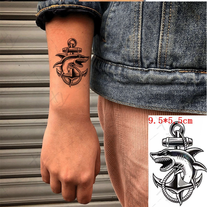 Hình dán tạm thời cá mập mỏ neo i26. Tatoo dán mini size 10x6cm