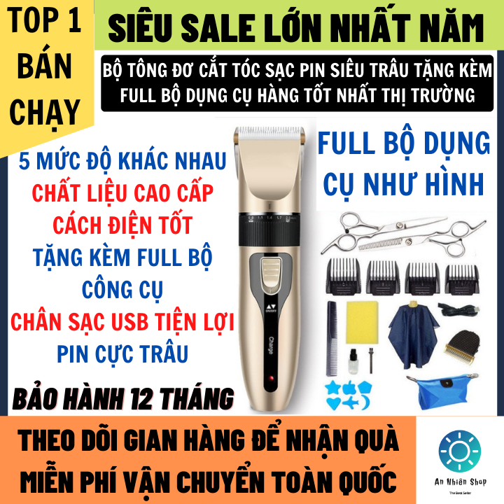 Tông Đơ Cắt Tóc Full Bộ 5 Mức Độ Tặng Kèm 1 Lược 2 Kéo Cắt Và 1 Áo Choàng, 4 Kích Cỡ Cắt Chất Liệu Cách Điện Tốt