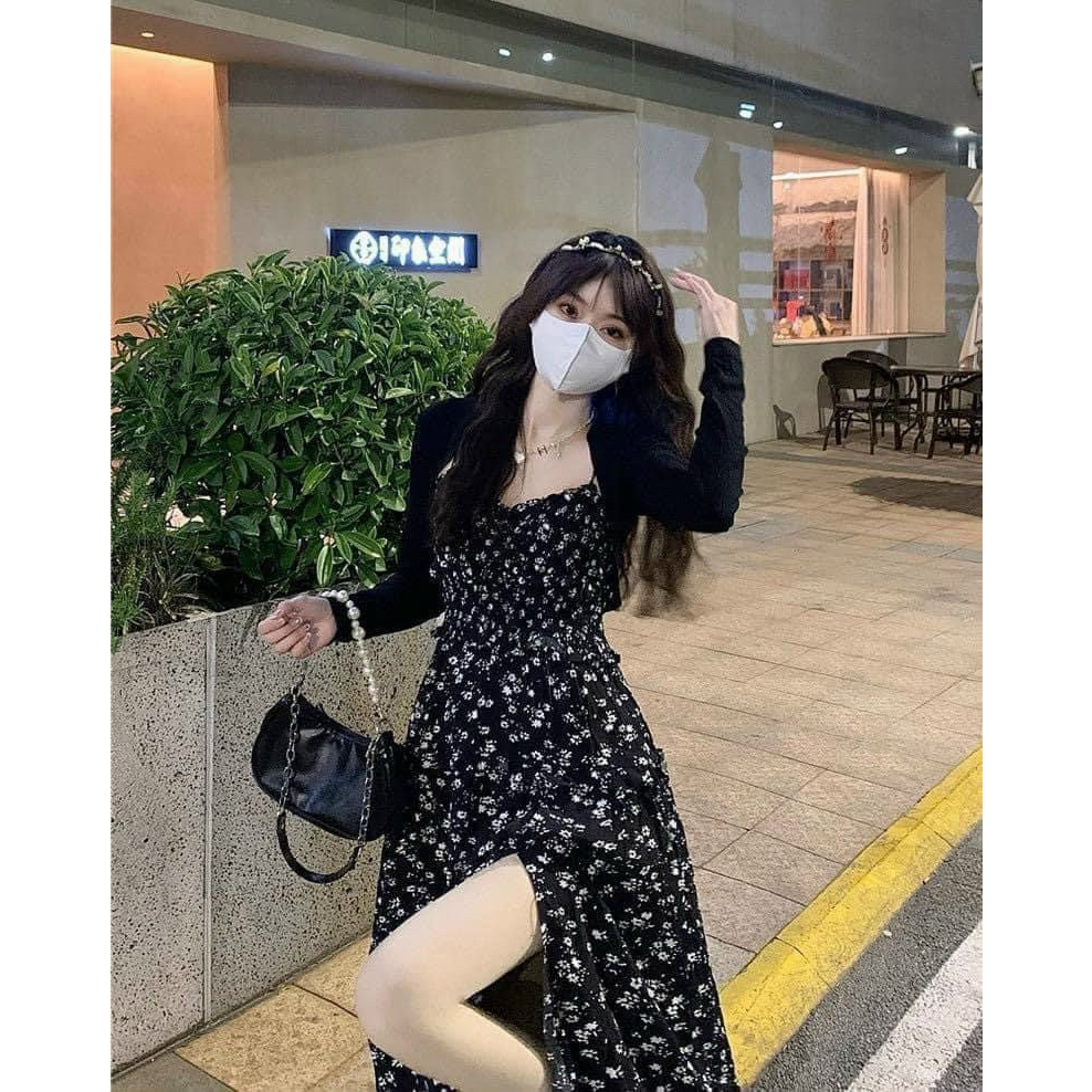 Đầm hai đây hoa nhí dáng maxi sẻ tà mix áo khoác dài tay cá tính sexy phù hợp đi chơi, đi biển, dự tiệc