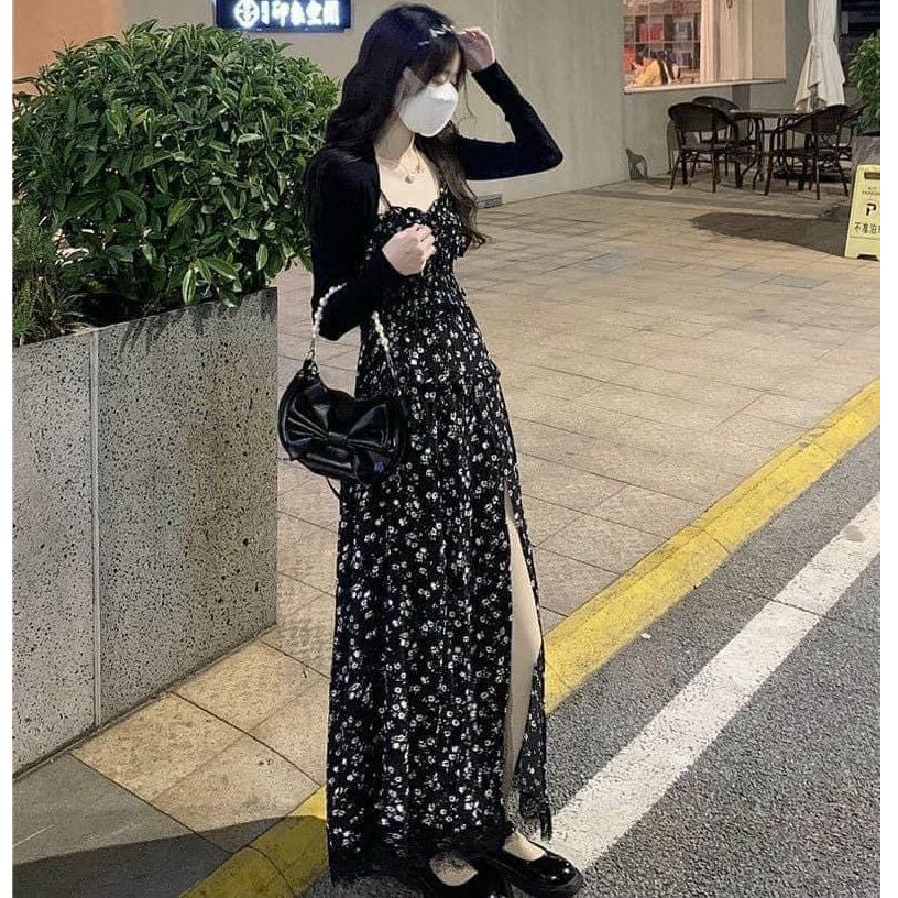 Đầm hai đây hoa nhí dáng maxi sẻ tà mix áo khoác dài tay cá tính sexy phù hợp đi chơi, đi biển, dự tiệc